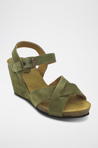 Nubuck Sandalen met Sleehak - Kaki