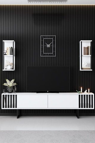 Meuble TV 2 abattants et 2 étagères murales - 180 x 48 x 30 / 2 étagères de 22 x 60 x 21 cm