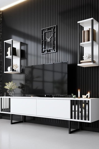 Meuble TV 2 abattants et 2 étagères murales - 180 x 48 x 30 / 2 étagères de 22 x 60 x 21 cm