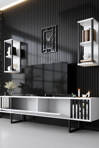 Meuble TV 2 abattants et 2 étagères murales - 180 x 48 x 30 / 2 étagères de 22 x 60 x 21 cm