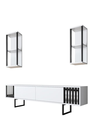 Meuble TV 2 abattants et 2 étagères murales - 180 x 48 x 30 / 2 étagères de 22 x 60 x 21 cm