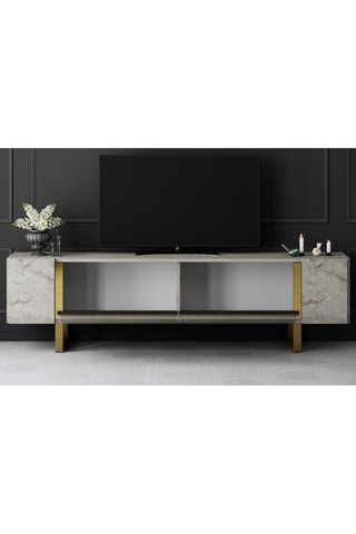 Meuble TV 2 abattants Yildiz - Imitation marbre et doré