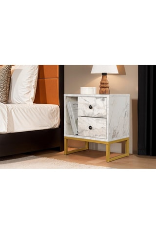 Table de chevet 2 tiroirs Glimmer - Blanc et doré