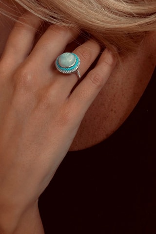 Ring - Zilver, Maansteen Rainbow en Turkooizen