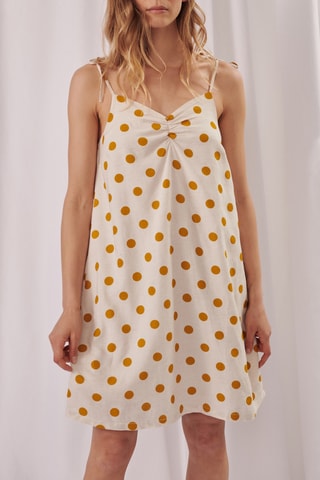 Linnen Trapezium Jurk - 
Wit en Mosterdgeel