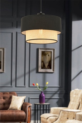 Hanglamp Echo Hazeran - Zwart en Rietimitatie - 60 W