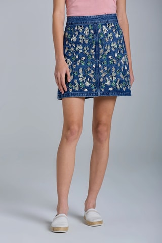 Jupe droite brodée en coton biologique - Bleu