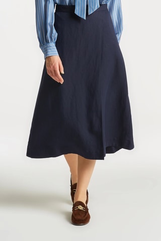 Jupe portefeuille midi en lin - Bleu marine