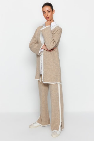 Cardigan lungo e pantaloni wide legs - Beige