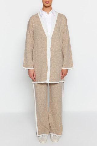 Cardigan lungo e pantaloni wide legs - Beige