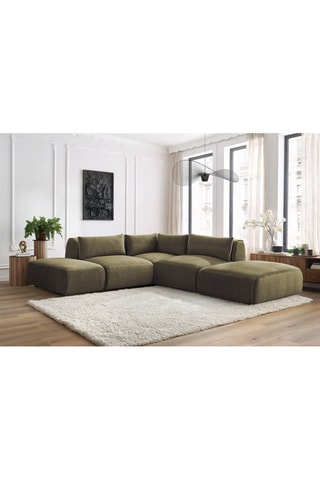 Canapé d'angle modulable et 2 poufs Jeanne - Vert - 5 places - En tissu velours