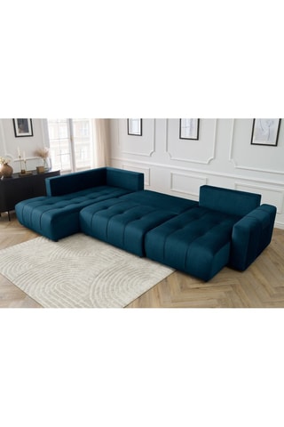 Canapé d'angle droit panoramique convertible Arsene - Bleu - Couchage 135 x 325 cm