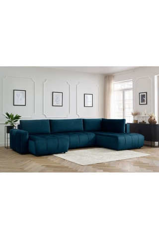 Canapé d'angle gauche panoramique convertible Arsene - Bleu  - Couchage 135 x 325 cm