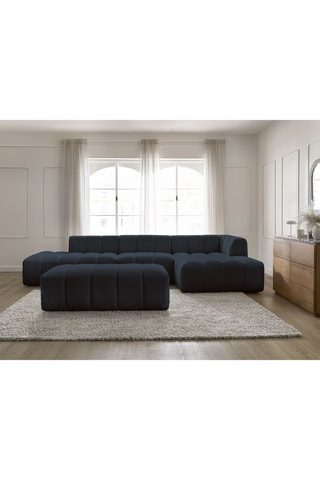 Canapé d'angle gauche, chauffeuse et pouf Annecy - Bleu foncé - 5 et 1 places - En tissu bouclette