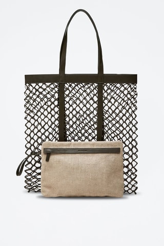 Tote bag tressé en cuir et sac pochette en lin - Kaki