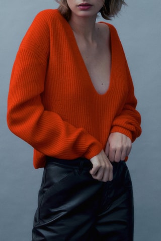 Pull en maille perlée à manches ballon - Orange