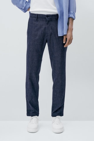 Pantalon chino jogger fit en lin à carreaux - Bleu marine