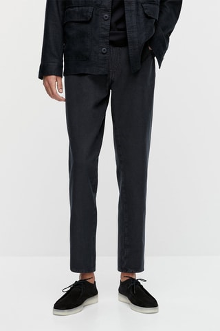 Faux jean en coton et lin tapered fit - Bleu marine