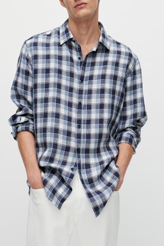 Chemise carreaux 100% lin droite - Bleu et blanc