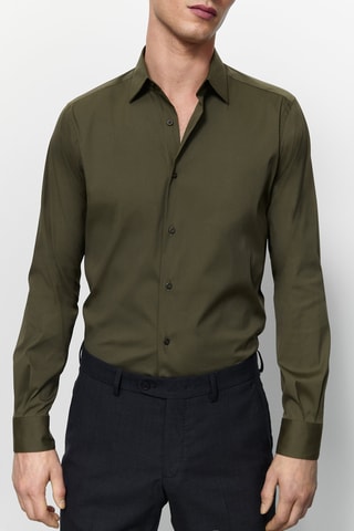 Chemise coton unie stretch fit - Kaki