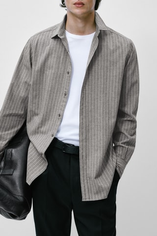 Chemise rayures tennis en coton slim fit - Gris et écru