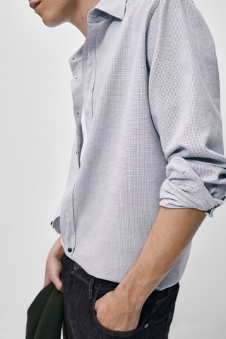 Chemise en coton mélangé à micro-carreaux slim fit - Bleu