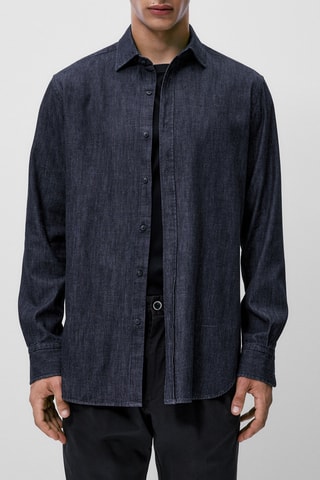 Chemise denim délavé en coton regular fit - Bleu marine