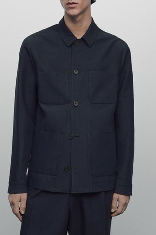 Surchemise faux uni en laine et lin - Bleu marine