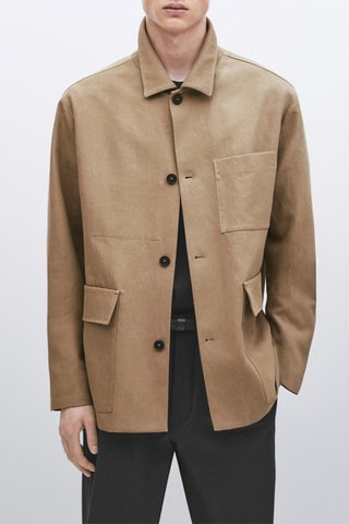 Surchemise en coton mélangé avec du lin poches - Studio - Ecru et marron