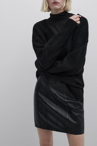 Mini-jupe en cuir de mouton avec coutures taille haute - Studio - Noir