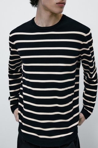 Pull en maille à rayures en coton extra-fin - Bleu marine