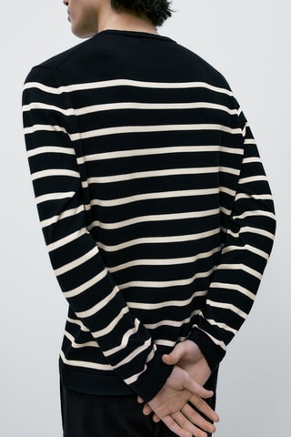 Pull en maille à rayures en coton extra-fin - Bleu marine