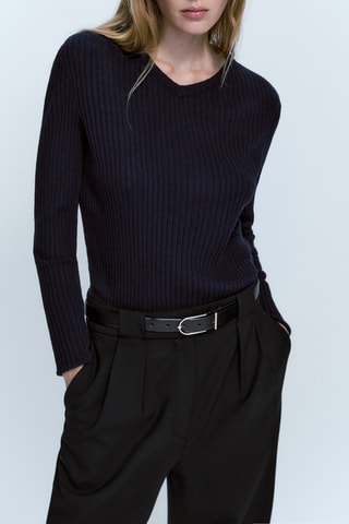 Top manches longues côtelé avec de la laine - Bleu marine