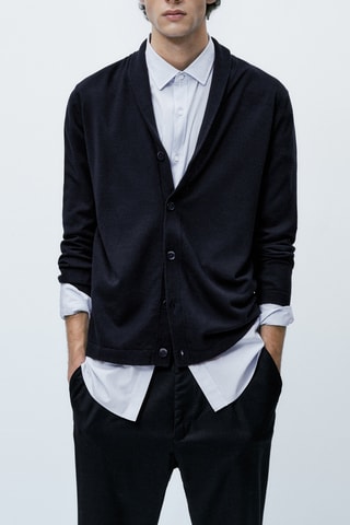 Cardigan en maille en laine et cachemire col châle - Bleu marine