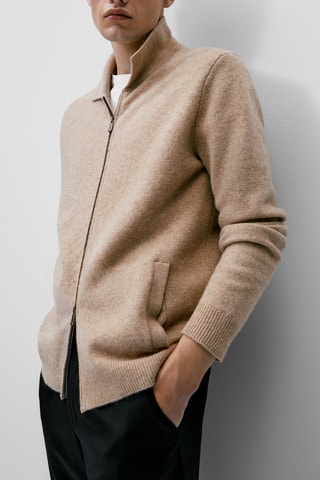 Cardigan en laine col polo à fermeture Éclair - Beige chiné