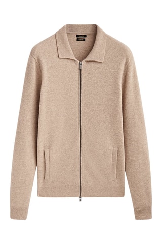 Cardigan en laine col polo à fermeture Éclair - Beige chiné