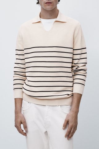 Pull polo texturé en coton à rayures - Beige