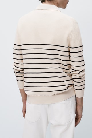Pull polo texturé en coton à rayures - Beige