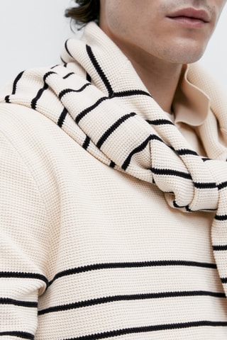 Pull polo texturé en coton à rayures - Beige