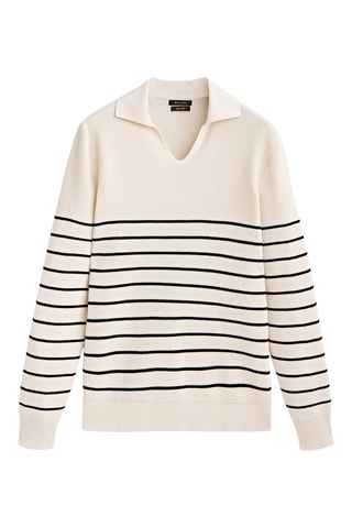Pull polo texturé en coton à rayures - Beige