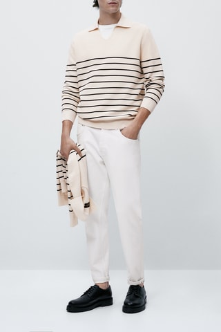 Pull polo texturé en coton à rayures - Beige