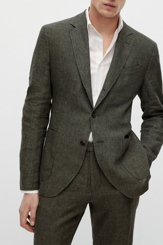 Veste de costume verte motif pied-de-poule en lin - Kaki chiné
