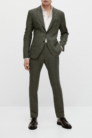 Veste de costume verte motif pied-de-poule en lin - Kaki chiné