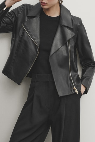 Veste style motard en cuir nappa - Noir