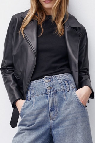 Blouson style motard en cuir col amovible - Noir