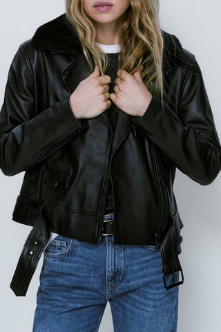Blouson style motard en cuir col amovible - Noir