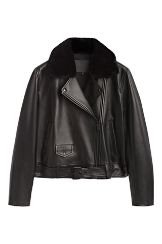 Blouson style motard en cuir col amovible - Noir