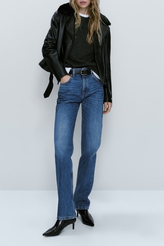 Blouson style motard en cuir col amovible - Noir