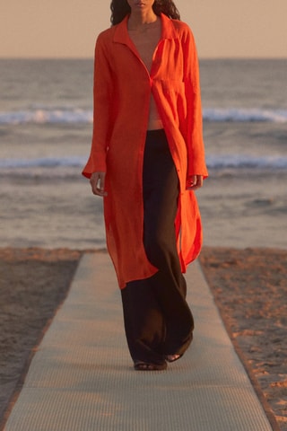 Maxi chemisier 100% lin poche - Orange