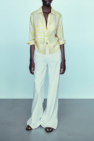 Chemise rayures 100% ramie - Beige et vert citron